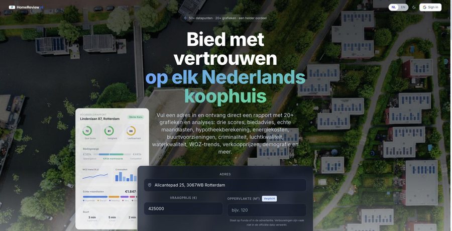 Screenshot van de homepage van HomeReview.nl