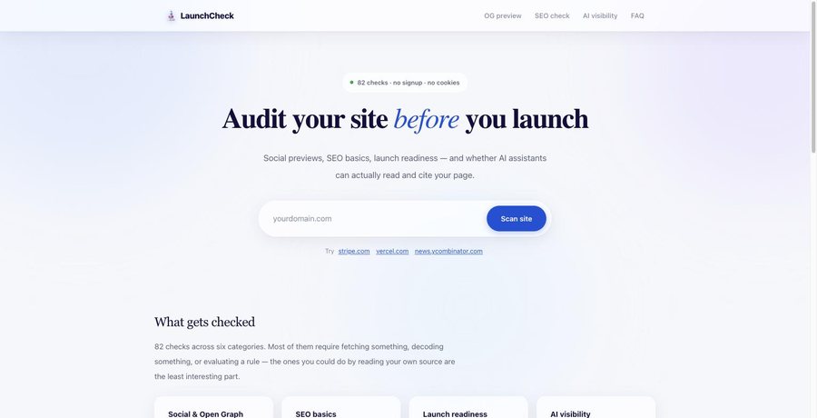 Screenshot van de homepage van LaunchCheck.com
